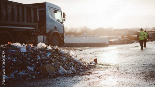 A truck unloading mixed waste at a contemporary recycling center, workers in safety vests