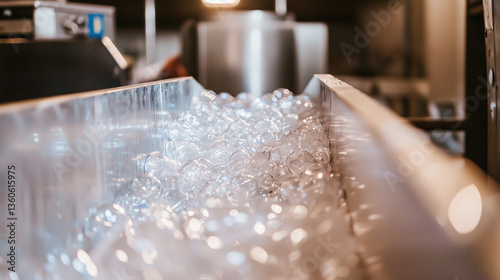 A large machine compacting plastic bottles in a recycling plant, workers monitoring the process