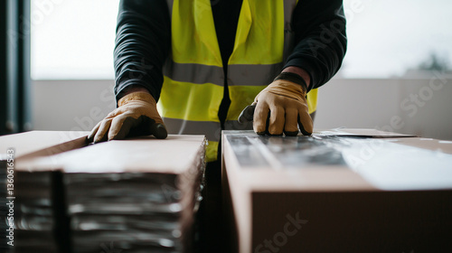 A worker in a yellow safety vest and gloves sorting stacks of cardboard and paper in a recycling plant, neutral background, everyday work scene
