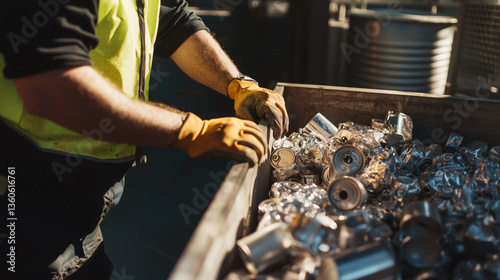 A worker in a yellow vest and gloves sorting aluminum cans and metal scraps on a conveyor belt, industrial setting