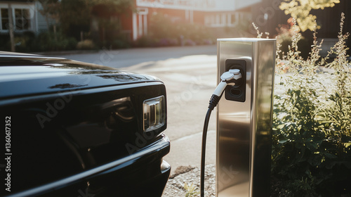 A contemporary electric car plugged into a charging station at a small town parking lot