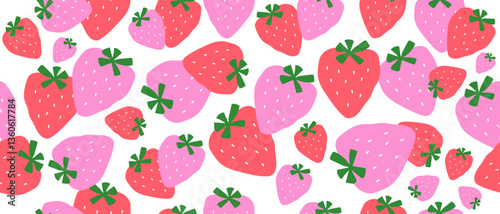 Bright creative pattern with strawberries, seamless juicy berry background.