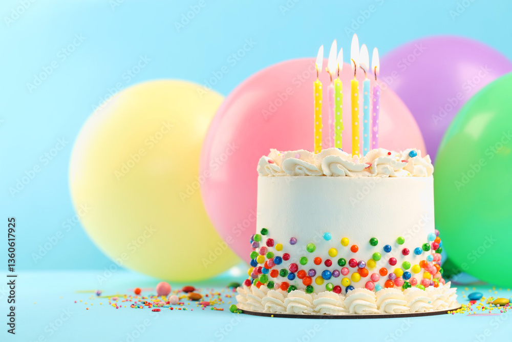 Delicious bento cake with colorful sprinkles and burning candles on light blue table, closeup. Space for text Delicious bento cake with colorful sprinkles and burning candles on light blue table, closeup. Space for text