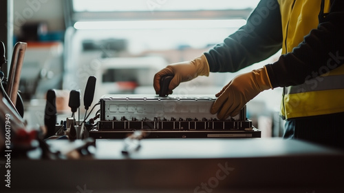 A technician in gloves inspecting an old electric car battery on a workbench, yellow safety vest