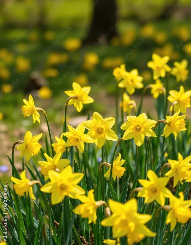 Fototapeta premium Bright yellow daffodils blooming in a spring meadow, flower, flowers, bloom