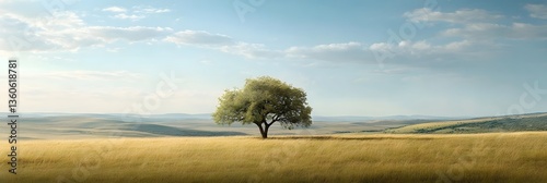 Solitary tree stands resilient on vast golden plains beneath a serene blue sky in an untouched landscape photo