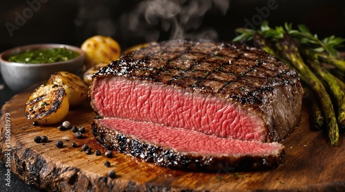 London broil steak sliced on wooden board reveals perfect medium-rare interior with caramelized crust served with roasted potatoes, asparagus and chimichurri sauce