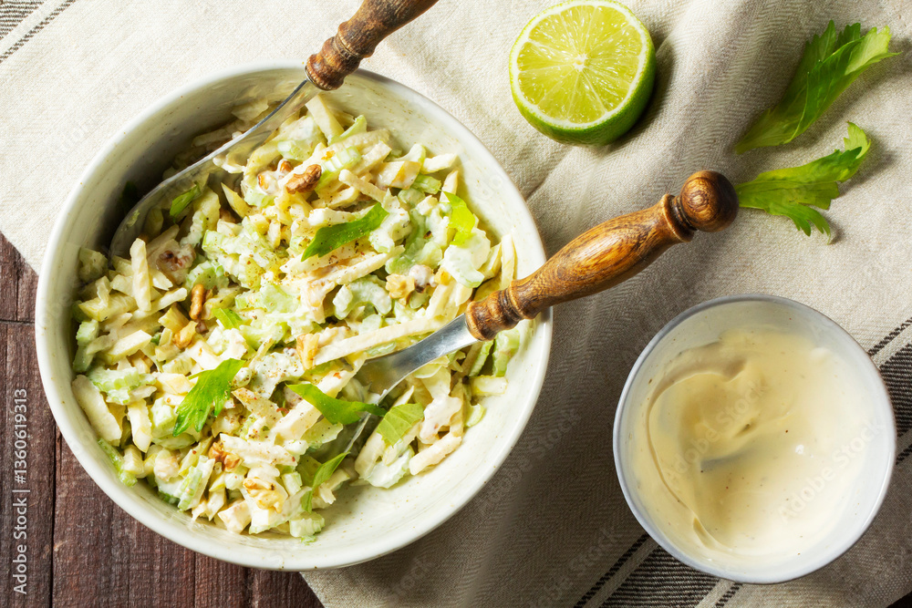 Waldorf salad with celery, apple and nuts, dressed with mayonnaise.