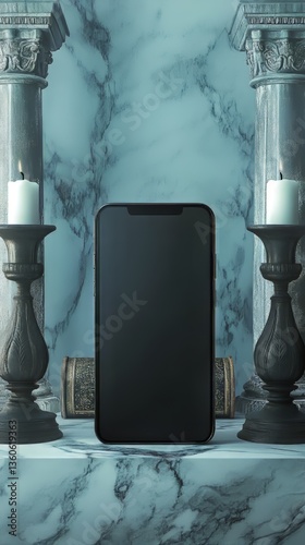 Phone display between pillars with candles and treasure chest on marble background, modern meets old.