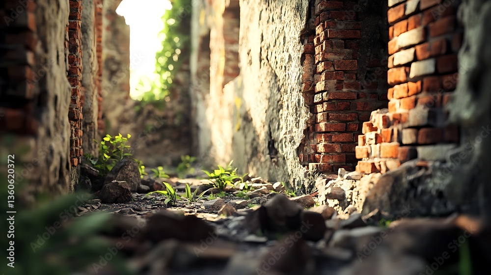 Fototapeta premium A serene view of an overgrown, crumbling brick corridor with natural elements reclaiming space.