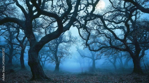 Bosque oscuro con niebla y árboles retorcidos