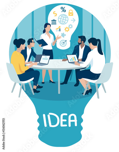 The idea. Presentation of a new business project. Team working and sitting around a table. Graphic shown in a silhouette in the shape of a light bulb. Brainstorming. Business vector illustration. 