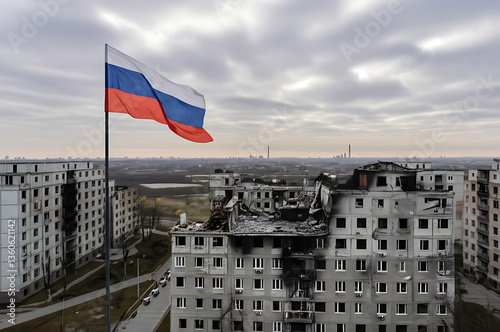 landscape of the Russian-occupied city, destroyed high-rise buildings as a result of fighting in the city, russian flag in street, elevated view photo