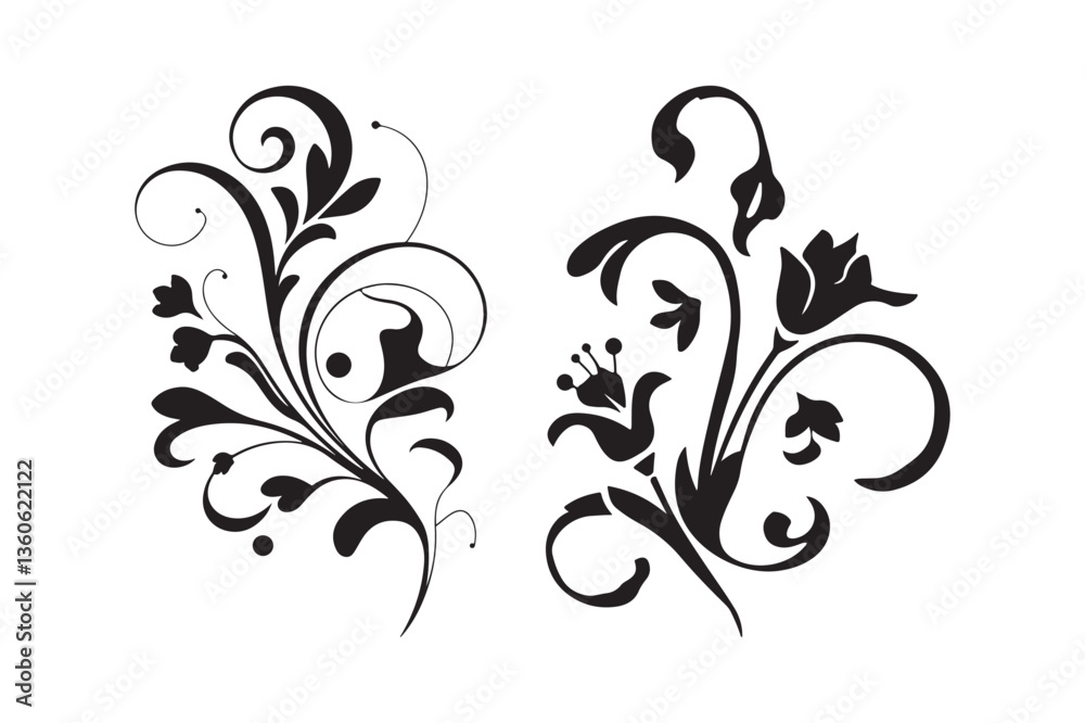 Ornamental Floral Swirl Design Black and White Decorative Vector Ornamental Floral Swirl Design Black and White Decorative Vector