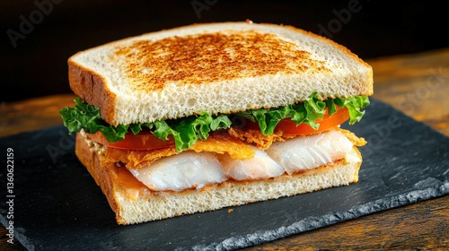 A delicious crispy fish sandwich with lettuce tomato and tartar sauce is served on toasted bread on a dark slate plate perfect for restaurant menus or food blogs.