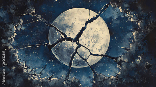 Fractured lunar sphere under starry gaze a cosmic tapestry of celestial wonder and destructive beauty. Lunar Fracture. Illustration