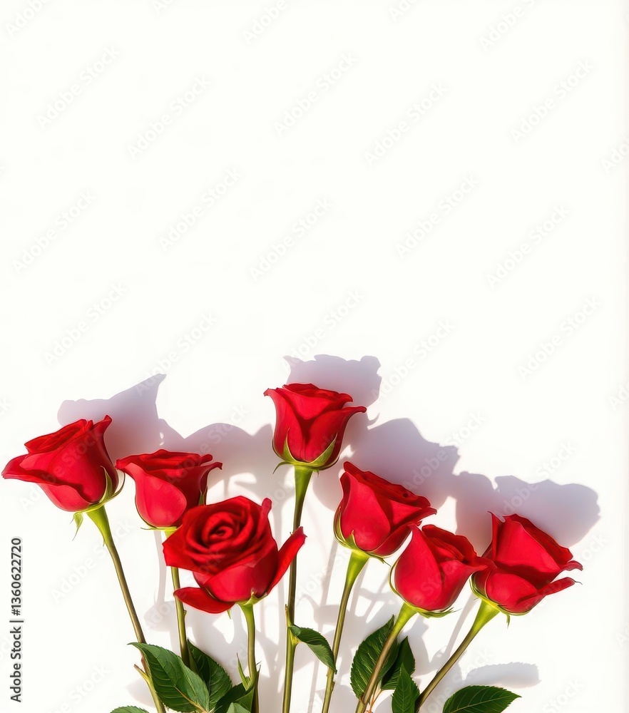 Red rose bouquet shadow on white canvas, stems visible, shape, stock photo Red rose bouquet shadow on white canvas, stems visible, shape, stock photo