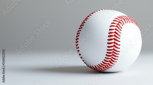 A pristine white baseball with vibrant red stitching rests on a minimalist grey background creating a clean and professional sports image perfect for various design projects.