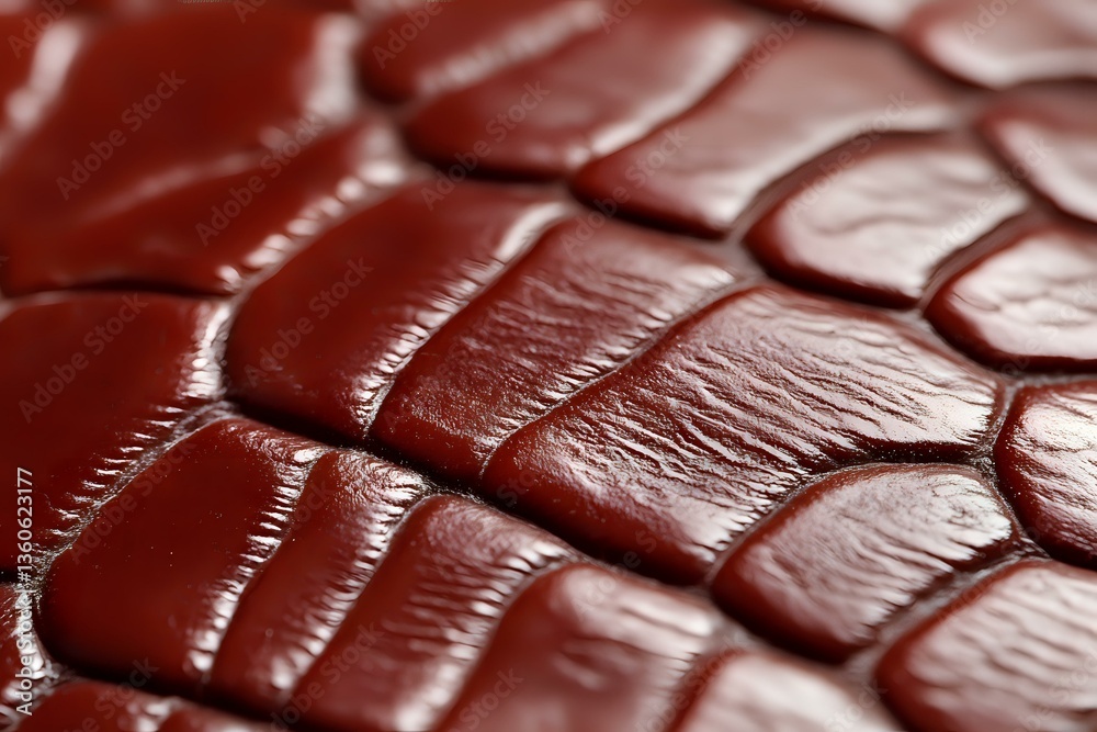 Obraz premium Macro shot of burgundy crocodile leather texture showing detailed scales pattern and surface grain. Luxury material background for fashion design.