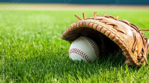 A worn leather baseball mitt rests on a lush green baseball field with a white baseball led inside its protective cup ready for the next game.