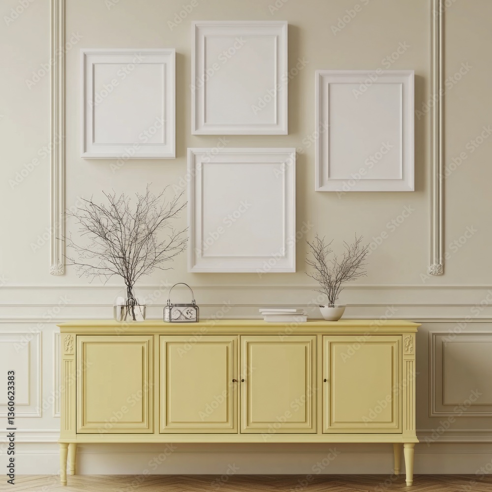 Fototapeta premium Yellow sideboard with empty frames and decor.