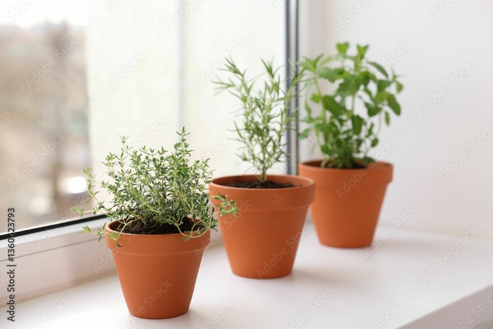 Different aromatic herbs in pots on window sill Different aromatic herbs in pots on window sill
