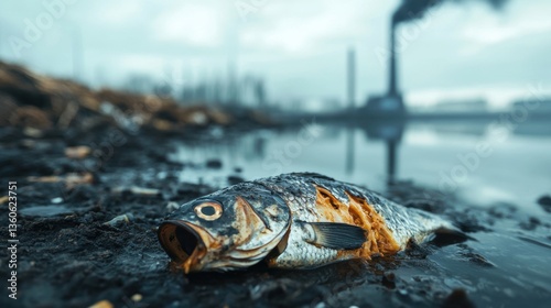 Dead fish in polluted water. Human activities impact and threaten animal’s natural habitat.