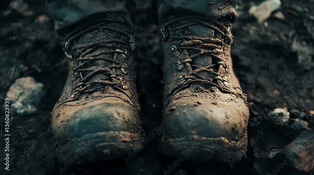 Close-up of muddy hiking boots on a rugged surface, showcasing outdoor adventure. Close-up of muddy hiking boots on a rugged surface, showcasing outdoor adventure.