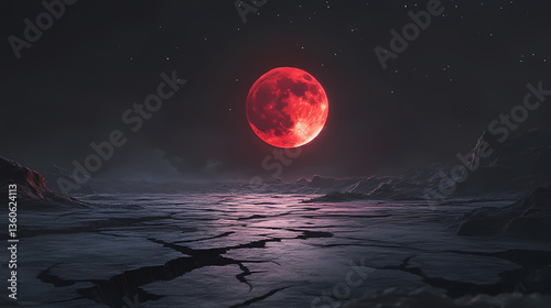 The crimson moon rises over a lifeless expanse, its haunting light reflecting off the fractured ground below. Lunar Fracture. Illustration