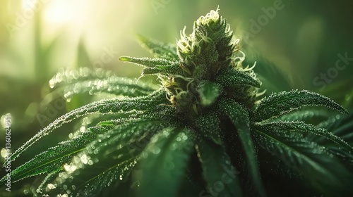 A close-up shot reveals a vibrant cannabis plant glistening with morning dew under the soft sunlight illuminating its lush green leaves and buds.