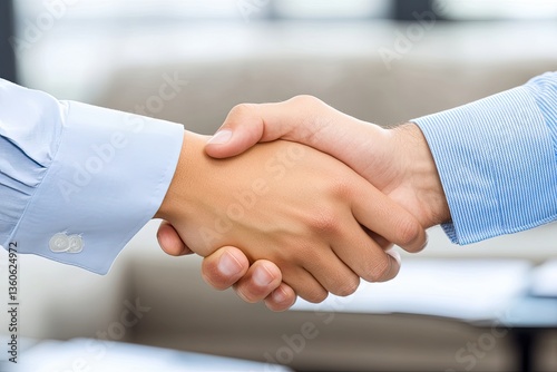 A diverse couple shakes hands with a consultant during a meeting at their home, symbolizing trust and collaboration