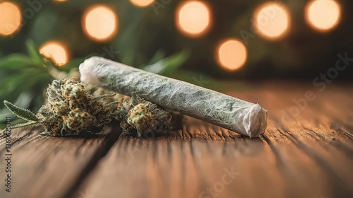 A close-up shot reveals a meticulously rolled cannabis joint resting on a rustic wooden surface next to several buds of marijuana, all illuminated by a warm bokeh background of