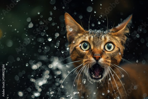 A soaked brown cat with wide green eyes and an open mouth looks shocked as water splashes around. High-speed close-up captures suspended droplets against a dark background