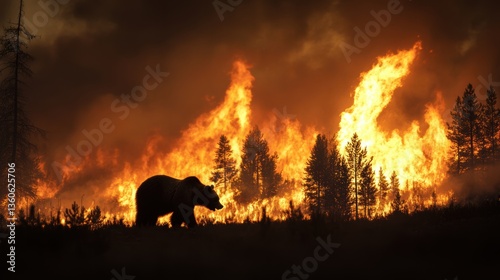 Animal in burning forest. Devastating wild fire.