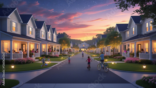 A charming community gathers at sunset, families enjoying their idyllic neighborhood, warm lights illuminating cozy homes, under a vibrant twilight sky.
