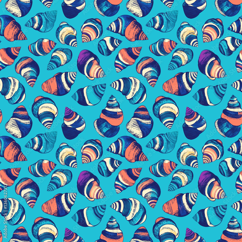 Colorful seashells seamless pattern in pop art style on blue Colorful seashells seamless pattern in pop art style on blue