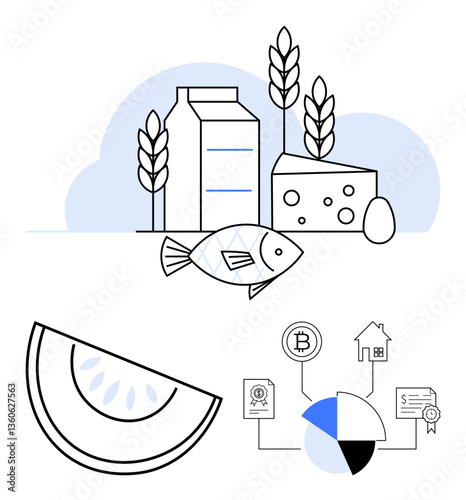 Collection of food items thumbs up milk, cheese, fish, and a pie chart linking cryptocurrency, home, and certificates. Ideal for finance, health, nutrition investment economy blockchain