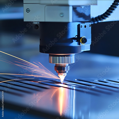 Detailed shot of a laser cutter in action on a metal sheet engineering tools advanced fabrication super photorealistic blue colours a lot of white very light and cl