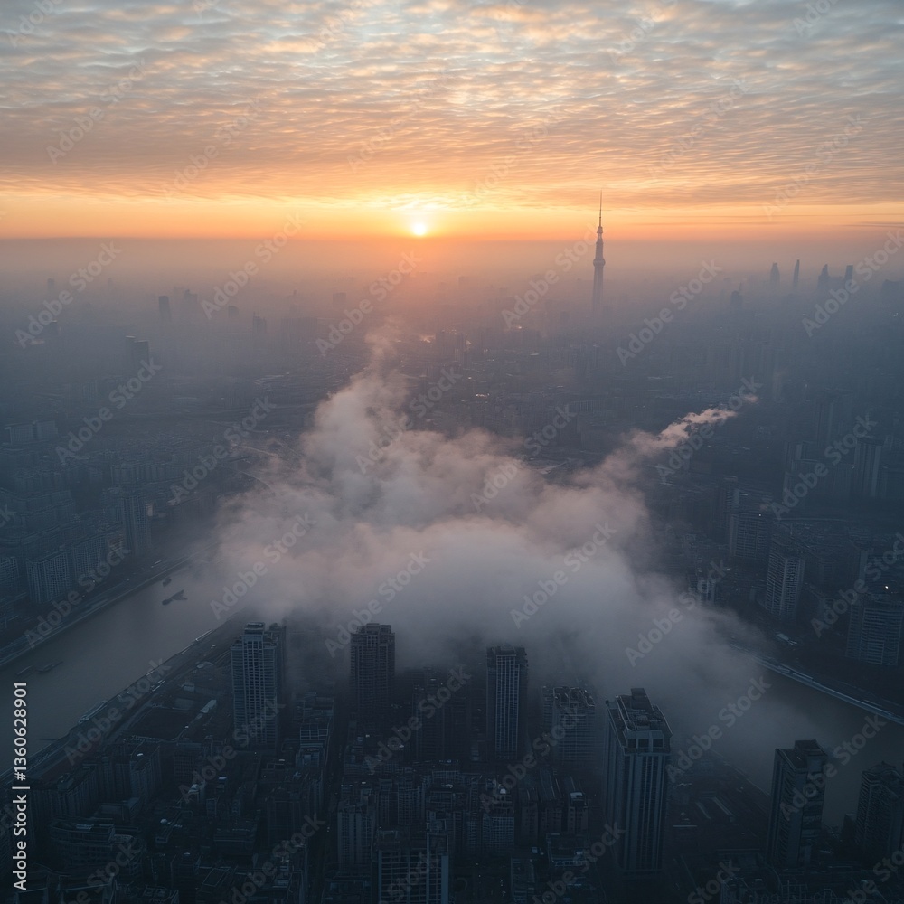 Fototapeta premium Sunrise over foggy city skyline, aerial view (2)