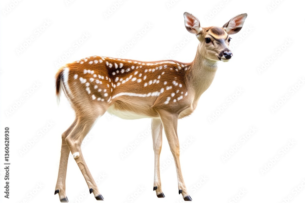 Naklejka premium Standing Spotted Fawn Posing Isolated Against White Background for Wildlife Projects