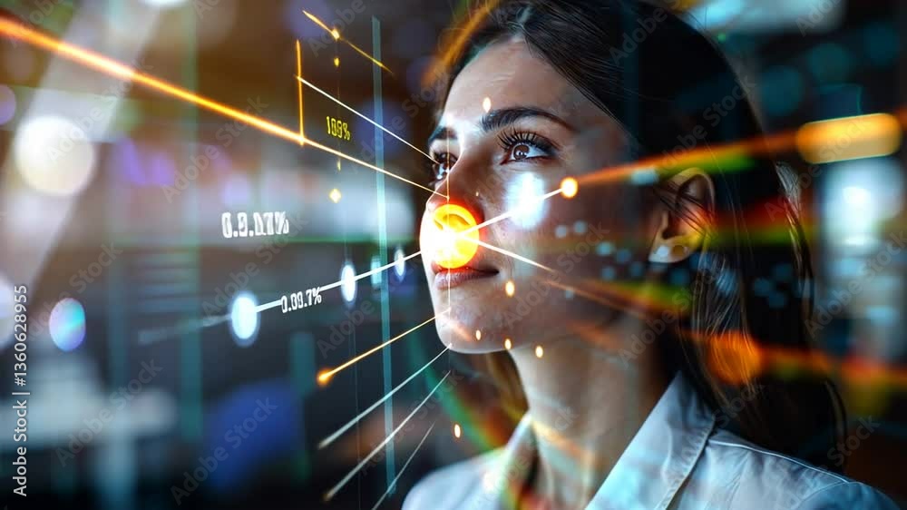 Frau blickt durch transparente digitale Oberfläche