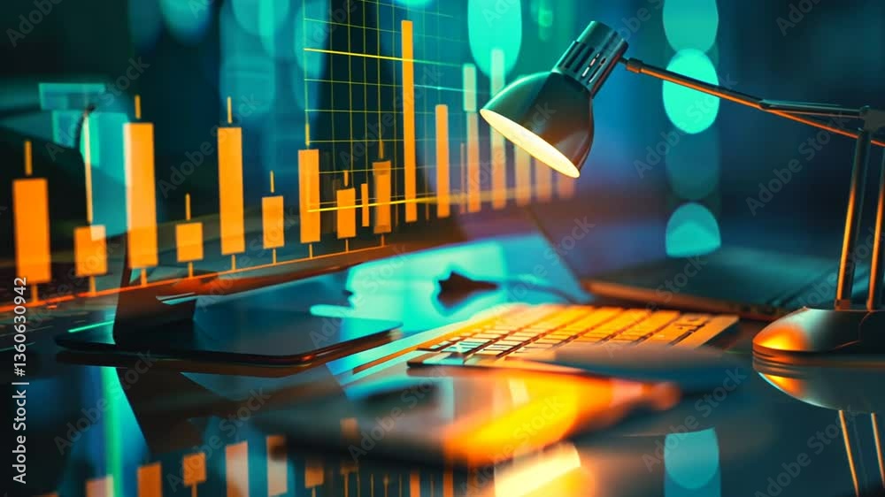 Schreibutensilien mit Finanzanalyse im Hintergrund