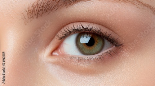 A close-up shot reveals a stunning hazel eye with long dark lashes and subtle makeup a beautiful detail perfect for cosmetics or ophthalmology advertising or medical publications.