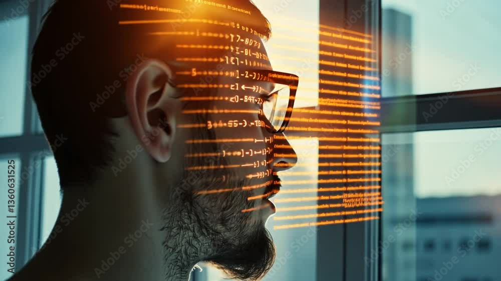 Mann mit Brille und Datenprojektion im Sonnenlicht