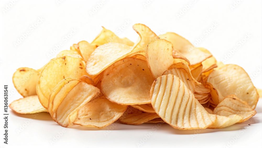 Crispy Potato Chips Isolated on a White Background Perfect for Snack Photography Crispy Potato Chips Isolated on a White Background Perfect for Snack Photography