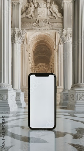 Smartphone mockup against backdrop of grand archtectural colonnade and patterned floor providing contrast