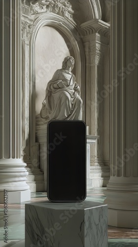 Modern tech meets classic art: smartphone on display within ornate classical architecture backdrop.