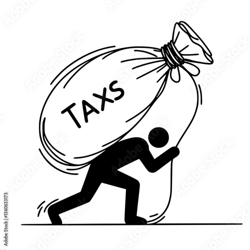 Person struggling under the weight of taxes in a vector style, single line vector drawing