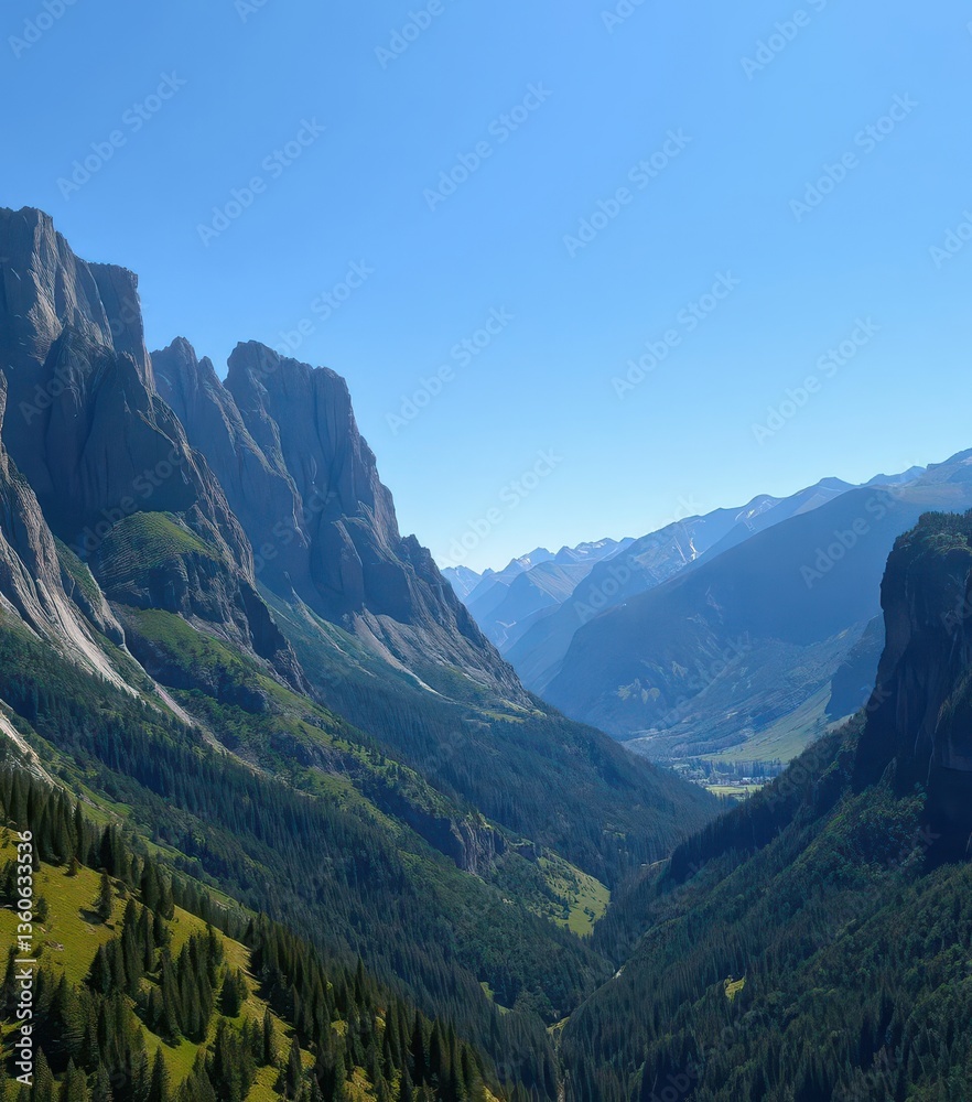 Obraz premium Sharp peaks, lush green valleys, rugged rock faces, clear blue sky, outdoor, vista