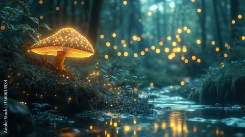 Glowing mushroom by a magical forest stream at night, sparkling with fireflies. Enchanted, fantasy atmosphere with cinematic lighting. Perfect for wallpaper or fairytale design.